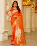 { "alt_text": "Orange jacquard printed saree with unstitched blouse, 5.5m, ethnic wear, Indian traditional clothing" }