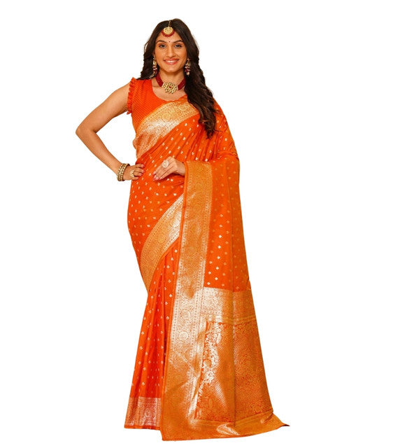 { "alt_text": "Orange jacquard printed saree with unstitched blouse, 5.5m, ethnic wear, Indian traditional clothing" }
