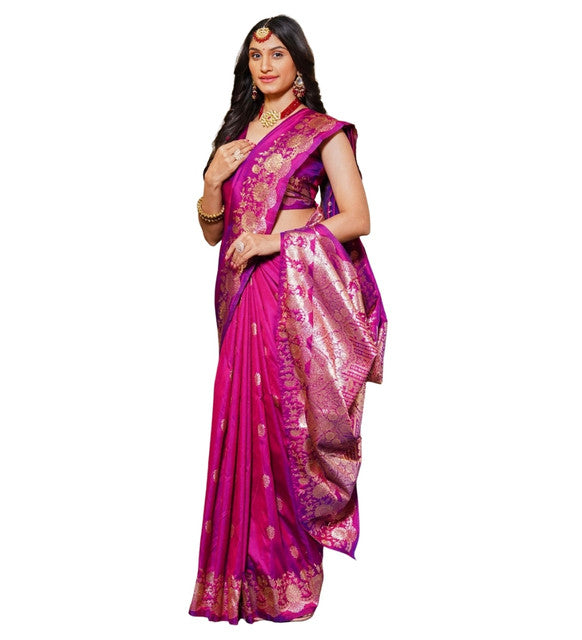 { "alt_text": "Magenta jacquard printed saree with unstitched blouse, 5.5m, ethnic wear, Indian traditional clothing" }