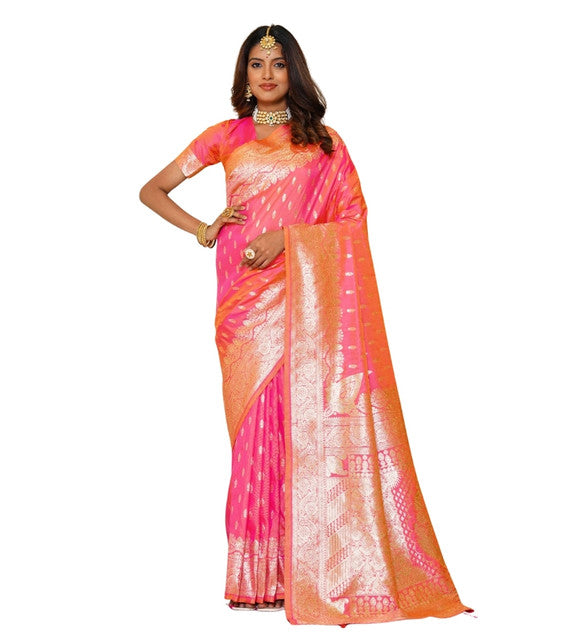 { "alt_text": "Pink jacquard printed saree with unstitched blouse, 5.5m, ethnic wear, Indian traditional clothing" }