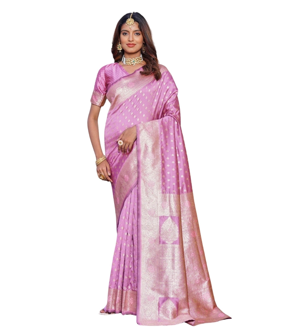 { "alt_text": "Lavender jacquard printed saree with unstitched blouse, 5.5m, ethnic wear, Indian traditional clothing" }