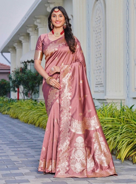 { "alt_text": "Pink jacquard printed saree with unstitched blouse, 5.5m, ethnic wear, Indian traditional clothing" }