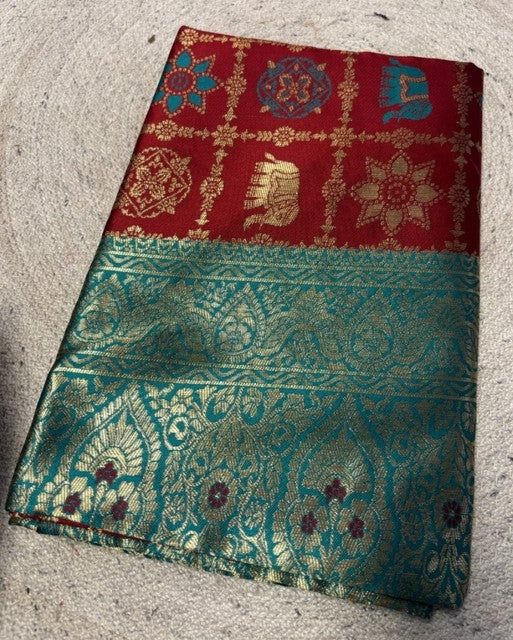 { "alt_text": "Maroon jacquard printed saree with unstitched blouse, 5.5m, ethnic wear, Indian traditional clothing" }