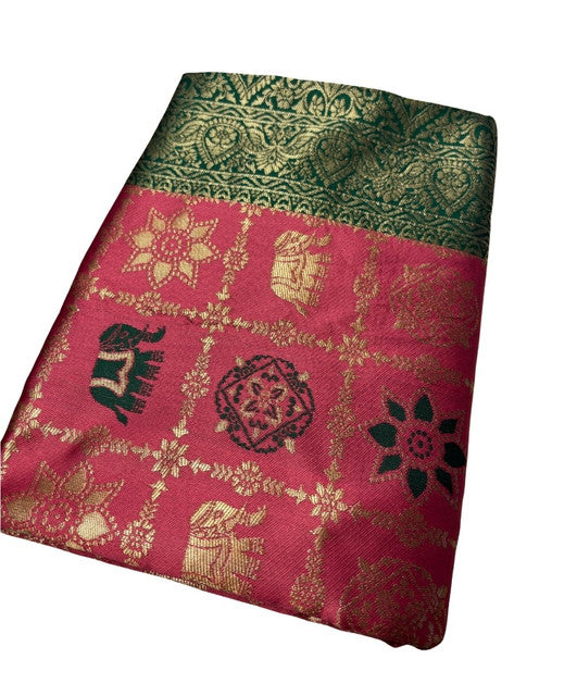 { "alt_text": "Pink jacquard printed saree with unstitched blouse, 5.5m, ethnic wear, Indian traditional clothing" }
