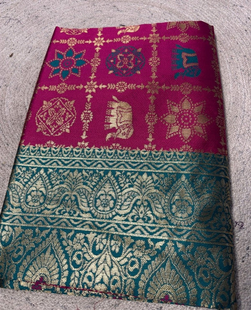 { "alt_text": "Magenta jacquard printed saree with unstitched blouse, 5.5m, ethnic wear, Indian traditional clothing" }