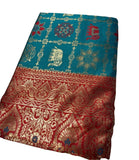 { "alt_text": "Teal jacquard printed saree with unstitched blouse, 5.5m, ethnic wear, Indian traditional clothing" }