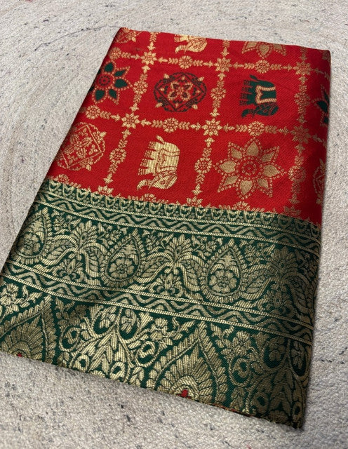 { "alt_text": "Red jacquard printed saree with unstitched blouse, 5.5m, ethnic wear, Indian traditional clothing" }