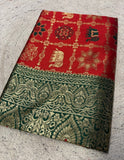 { "alt_text": "Red jacquard printed saree with unstitched blouse, 5.5m, ethnic wear, Indian traditional clothing" }