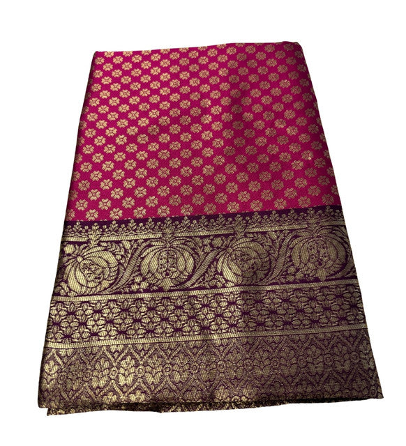 { "alt_text": "Pink jacquard printed saree with unstitched blouse, 5.5m, ethnic wear, Indian traditional clothing" }
