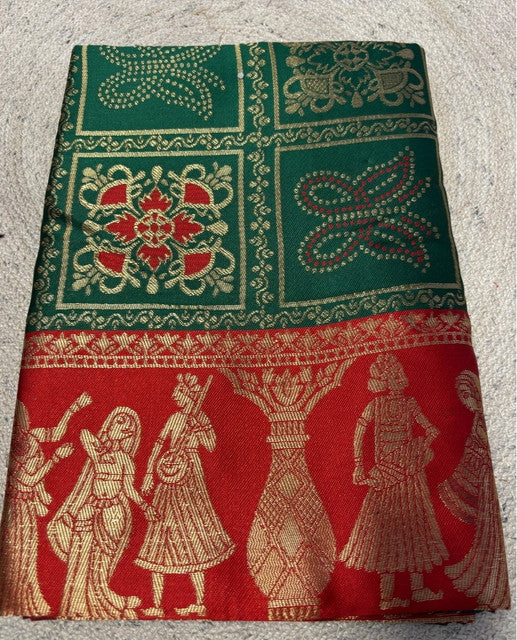 { "alt_text": "Green jacquard printed saree with unstitched blouse, 5.5m, ethnic wear, Indian traditional clothing" }