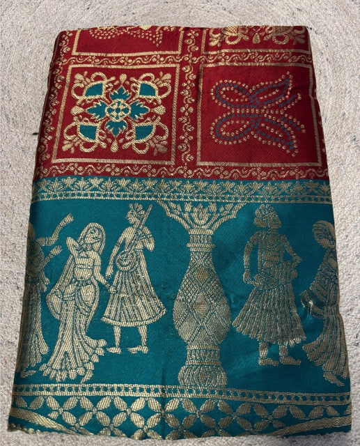 { "alt_text": "Maroon jacquard printed saree with unstitched blouse, 5.5m, ethnic wear, Indian traditional clothing" }