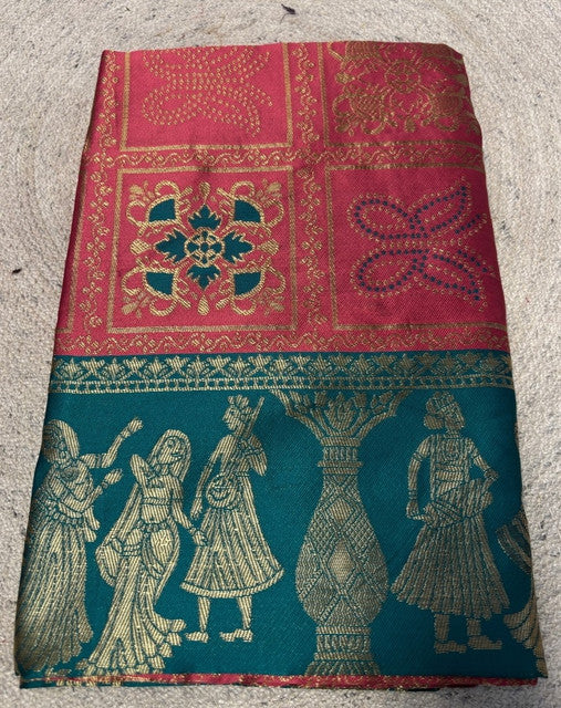 { "alt_text": "Pink jacquard printed saree with unstitched blouse, 5.5m, ethnic wear, Indian traditional clothing" }