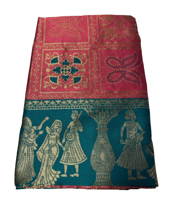 { "alt_text": "Pink jacquard printed saree with unstitched blouse, 5.5m, ethnic wear, Indian traditional clothing" }