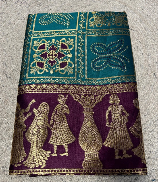 { "alt_text": "Teal jacquard printed saree with unstitched blouse, 5.5m, ethnic wear, Indian traditional clothing" }