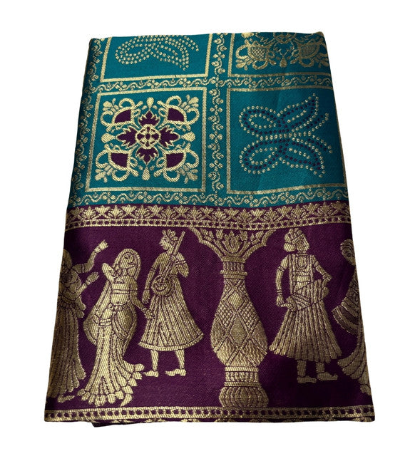 { "alt_text": "Teal jacquard printed saree with unstitched blouse, 5.5m, ethnic wear, Indian traditional clothing" }