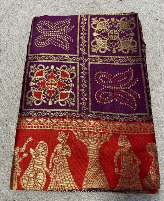 { "alt_text": "Wine jacquard printed saree with unstitched blouse, 5.5m, ethnic wear, Indian traditional clothing" }