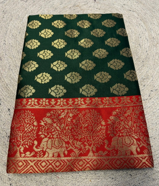 { "alt_text": "Bottle green jacquard printed saree with unstitched blouse, 5.5m, ethnic wear, Indian traditional clothing" }