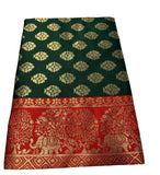 { "alt_text": "Bottle green jacquard printed saree with unstitched blouse, 5.5m, ethnic wear, Indian traditional clothing" }