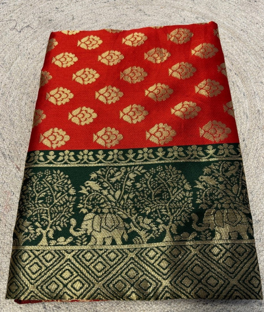 { "alt_text": "Red jacquard printed saree with unstitched blouse, 5.5m, ethnic wear, Indian traditional clothing" }
