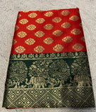 { "alt_text": "Red jacquard printed saree with unstitched blouse, 5.5m, ethnic wear, Indian traditional clothing" }
