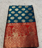 { "alt_text": "Teal jacquard printed saree with unstitched blouse, 5.5m, ethnic wear, Indian traditional clothing" }