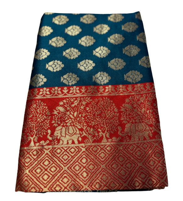 { "alt_text": "Teal jacquard printed saree with unstitched blouse, 5.5m, ethnic wear, Indian traditional clothing" }