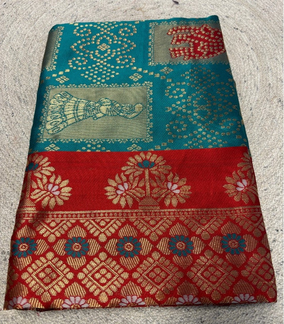 { "alt_text": "Teal jacquard printed saree with unstitched blouse, 5.5m, ethnic wear, Indian traditional clothing" }