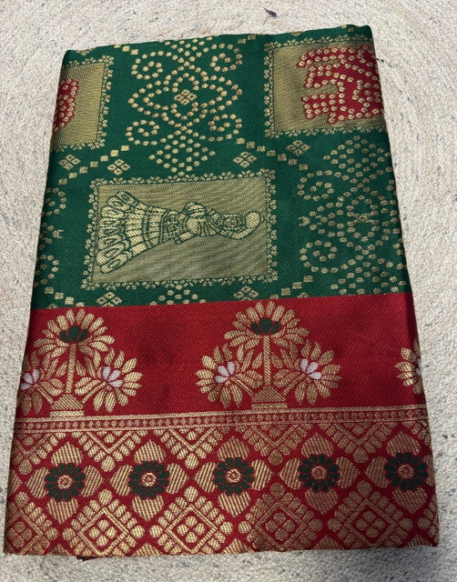 { "alt_text": "Dark green jacquard printed saree with unstitched blouse, 5.5m, ethnic wear, Indian traditional clothing" }
