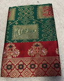 { "alt_text": "Dark green jacquard printed saree with unstitched blouse, 5.5m, ethnic wear, Indian traditional clothing" }