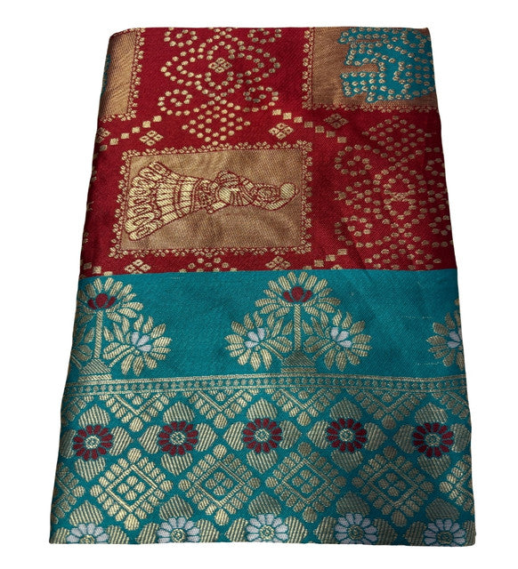 { "alt_text": "Maroon jacquard printed saree with unstitched blouse, 5.5m, ethnic wear, Indian traditional clothing" }