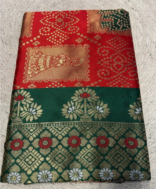 { "alt_text": "Red jacquard printed saree with unstitched blouse, 5.5m, ethnic wear, Indian traditional clothing" }