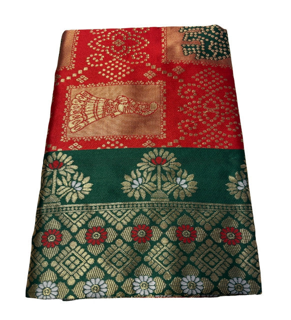 { "alt_text": "Red jacquard printed saree with unstitched blouse, 5.5m, ethnic wear, Indian traditional clothing" }
