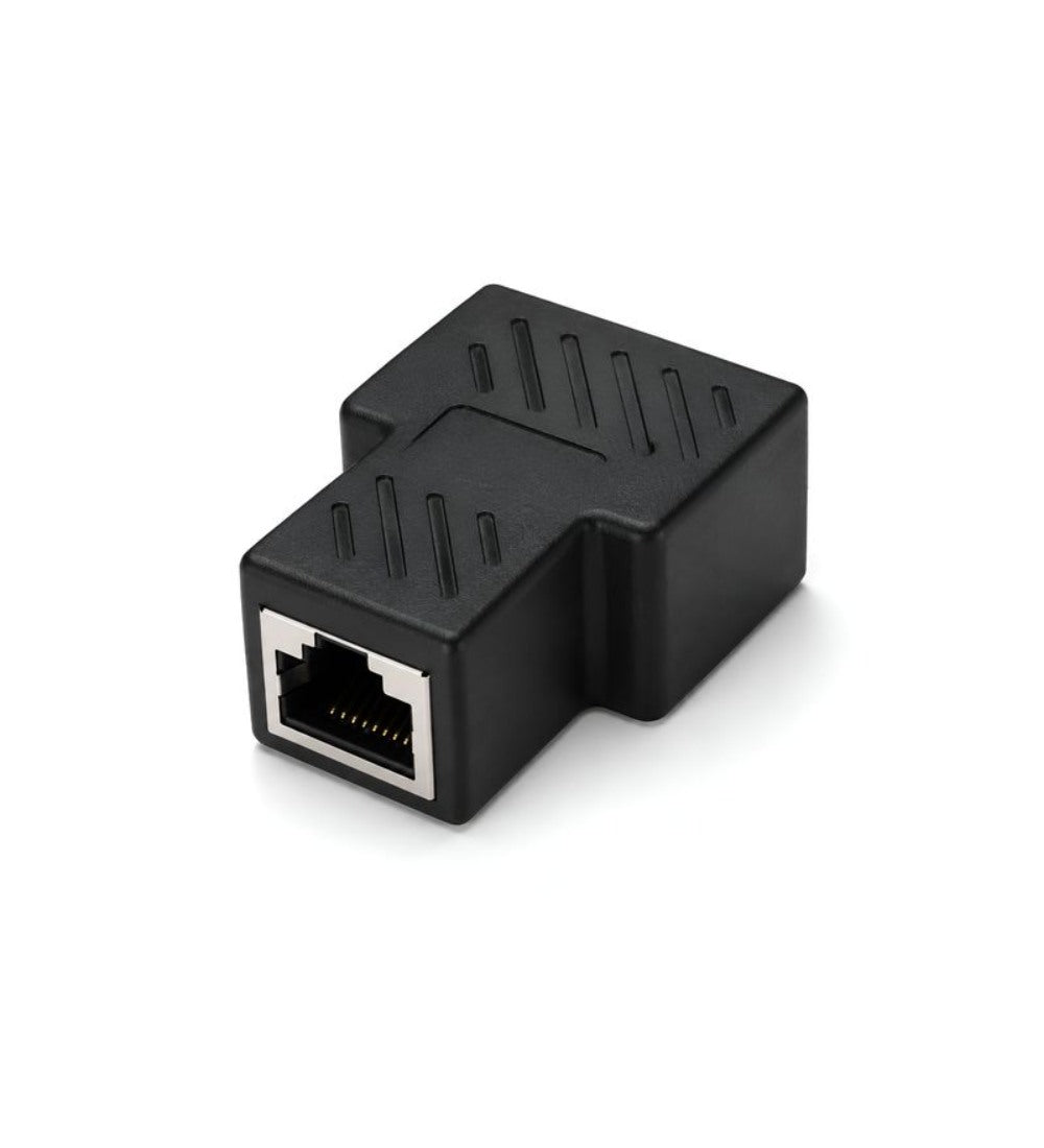 Black RJ45 splitter adapter for Ethernet LAN cables, compatible with Cat5, Cat6, and Cat7 networking equipment