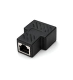 Black RJ45 splitter adapter for Ethernet LAN cables, compatible with Cat5, Cat6, and Cat7 networking equipment