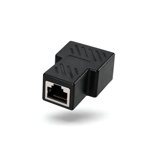 Black RJ45 splitter adapter for Ethernet LAN cables, compatible with Cat5, Cat6, and Cat7 networking equipment