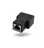 Black RJ45 splitter adapter for Ethernet LAN cables, compatible with Cat5, Cat6, and Cat7 networking equipment