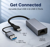 Grey USB 3.0 and Type-C to RJ45 Gigabit Ethernet adapter for laptops and desktops