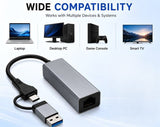 Grey USB 3.0 and Type-C to RJ45 Gigabit Ethernet adapter for laptops and desktops