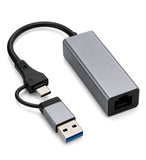 Grey USB 3.0 and Type-C to RJ45 Gigabit Ethernet adapter for laptops and desktops