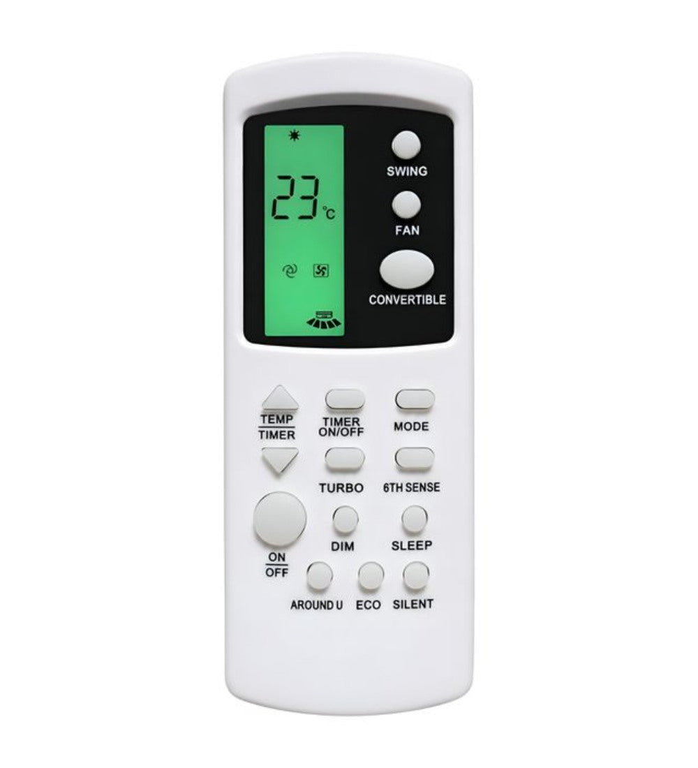 White AC remote control Model 210B for Whirlpool AC, featuring ergonomic design and long range