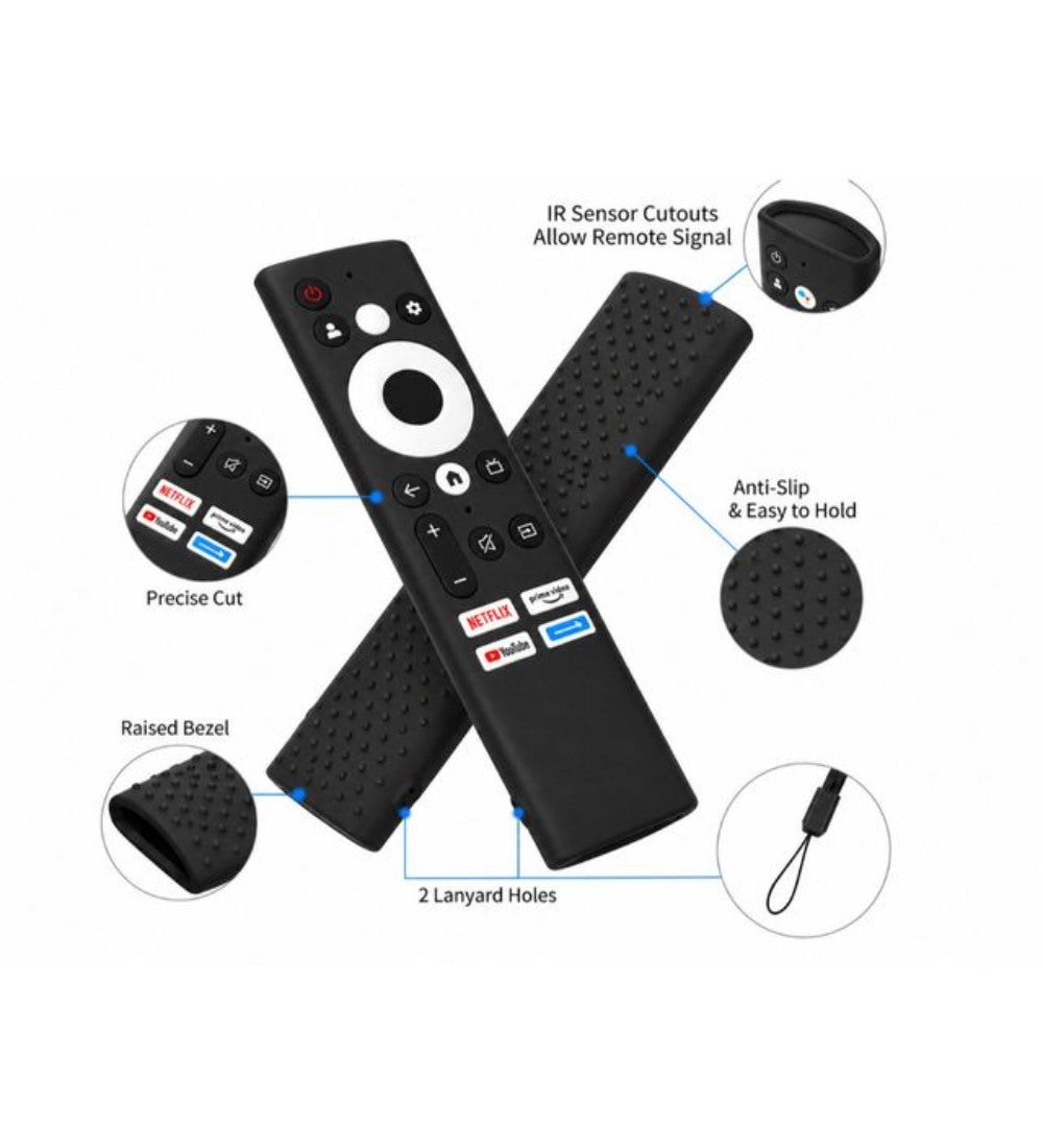 Black silicone protective cover for Lloyd Smart TV remote with integrated safety lanyard and ergonomic grip