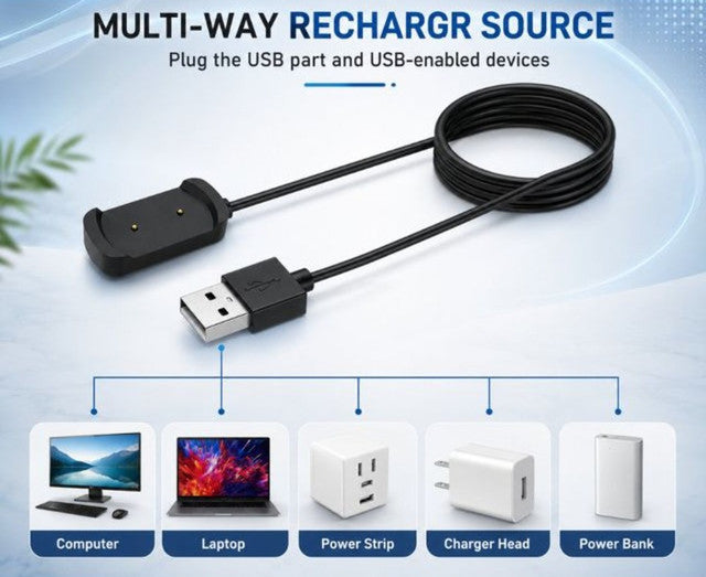 Black magnetic charging cable for Amazfit smartwatches, 1 meter long, compatible with multiple models