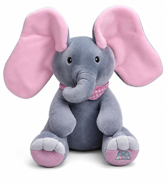 Grey and pink wool plush elephant toy with interactive singing and peekaboo play features