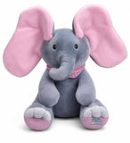 Grey and pink wool plush elephant toy with interactive singing and peekaboo play features