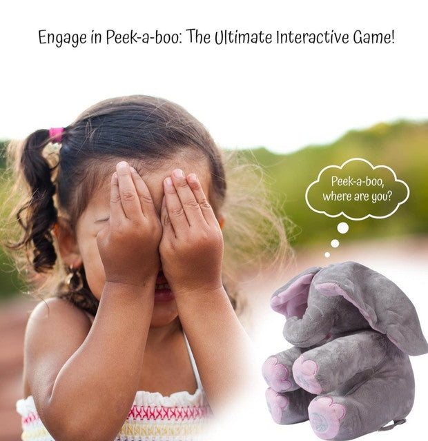 Grey and pink wool plush elephant toy with interactive singing and peekaboo play features