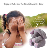 Grey and pink wool plush elephant toy with interactive singing and peekaboo play features