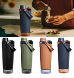 Multicolor stainless steel gym water bottle with leak-resistant screw lid and integrated carry strap