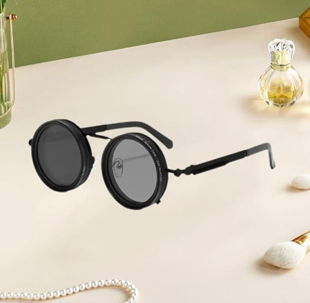 Black metal adjustable tint sunglasses with light-to-dark transition for comfortable all-day vision