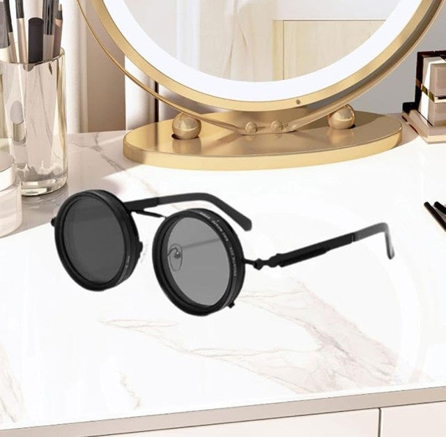 Black metal adjustable tint sunglasses with light-to-dark transition for comfortable outdoor vision