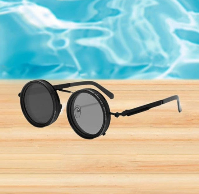 Black metal adjustable tint sunglasses with light-to-dark transition for comfortable all-day vision